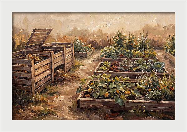 Compost Bins Beside Productive Garden