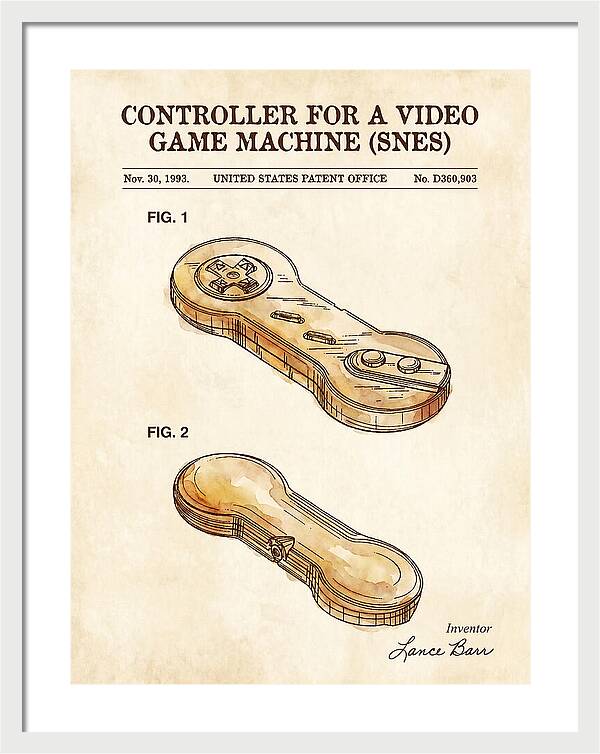Controller For A Video Game Machine Snes Watercolor Patent Usd360903s