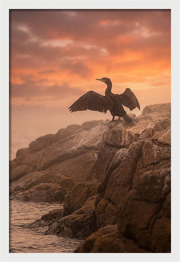 Cormorant Drying Wings At Sunset
