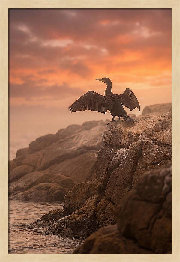 Cormorant Drying Wings At Sunset