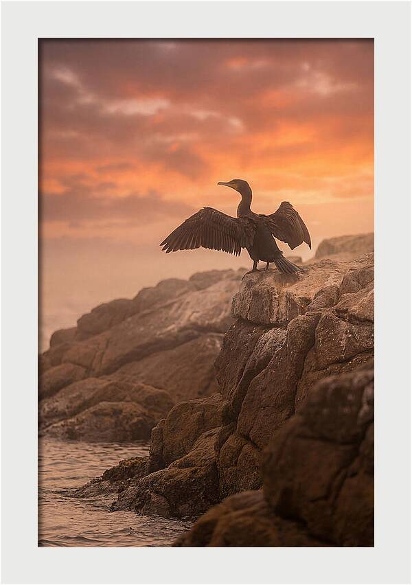 Cormorant Drying Wings At Sunset
