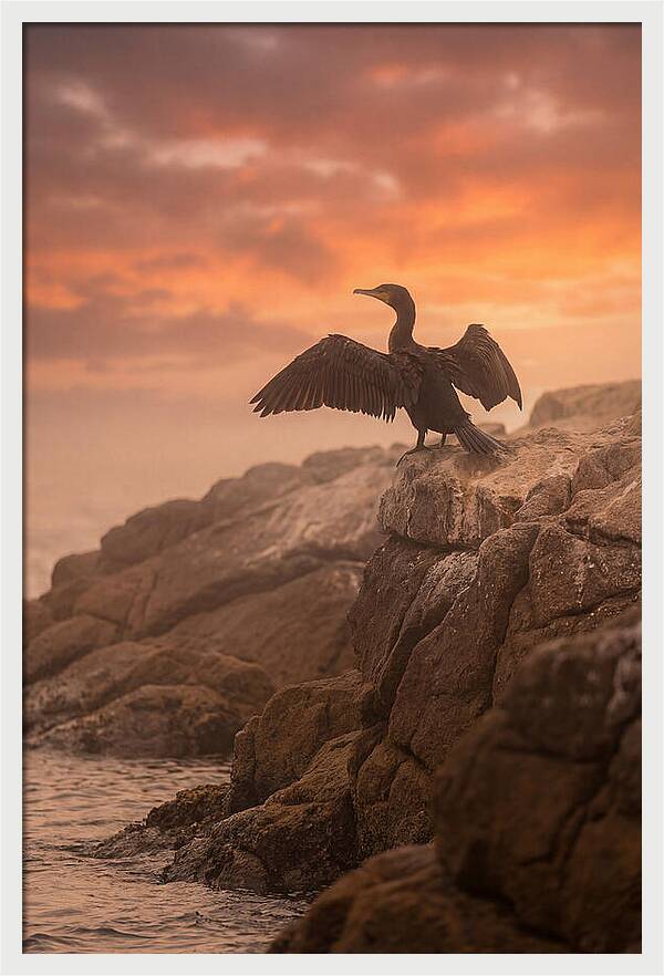 Cormorant Drying Wings At Sunset