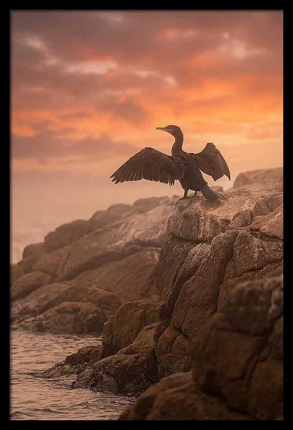 Cormorant Drying Wings At Sunset