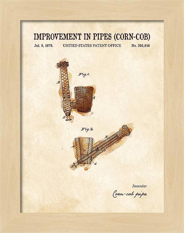 Corn Cob Pipe Watercolor Patent Us205816a