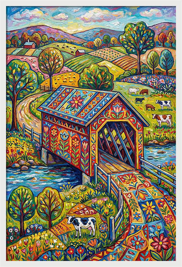 Covered Bridge In Vibrant Landscape