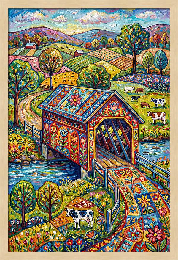 Covered Bridge In Vibrant Landscape