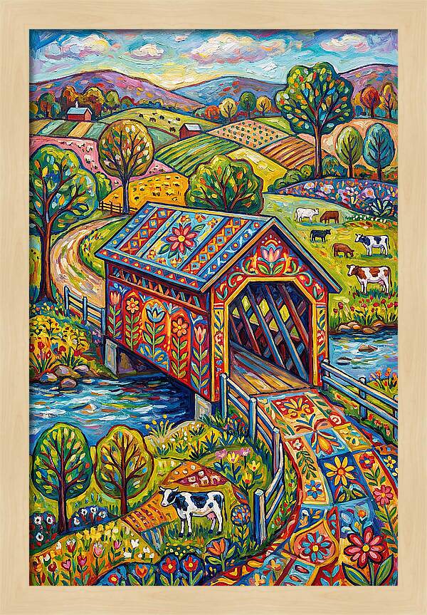 Covered Bridge In Vibrant Landscape