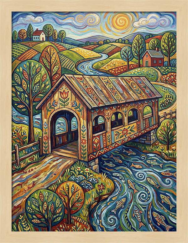 Covered Bridge Over Flowing Stream