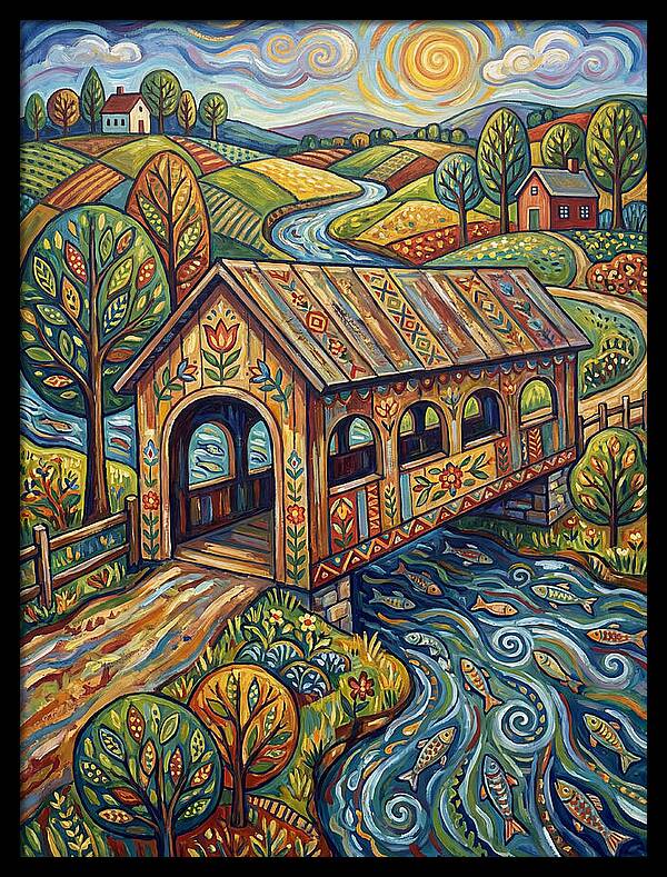 Covered Bridge Over Flowing Stream