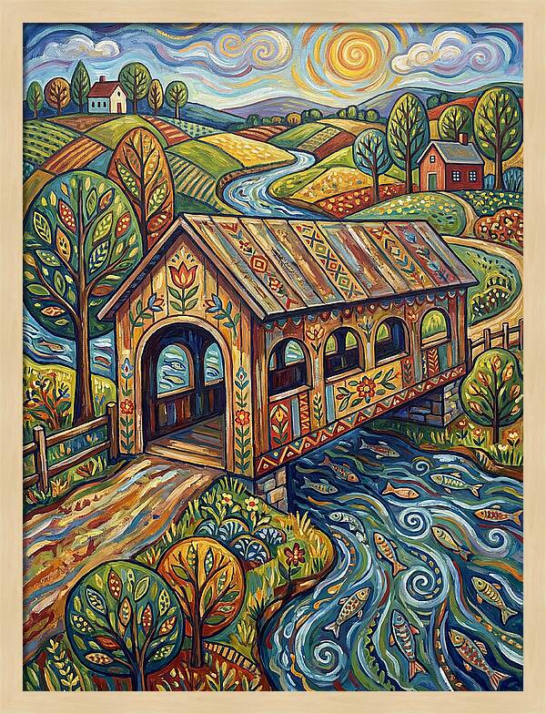 Covered Bridge Over Flowing Stream