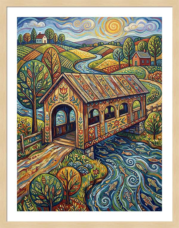 Covered Bridge Over Flowing Stream