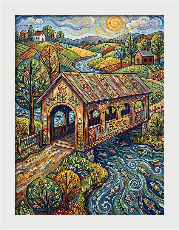 Covered Bridge Over Flowing Stream