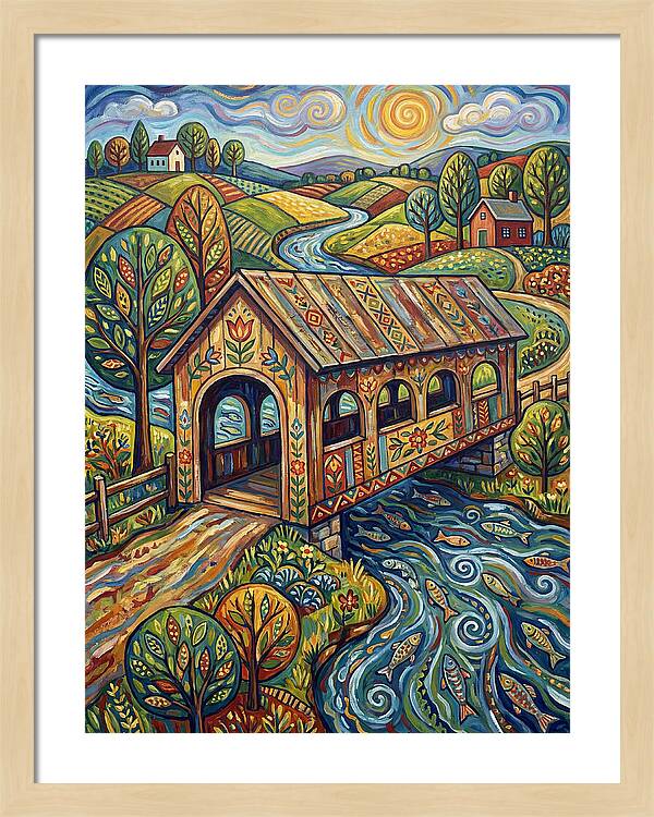 Covered Bridge Over Flowing Stream