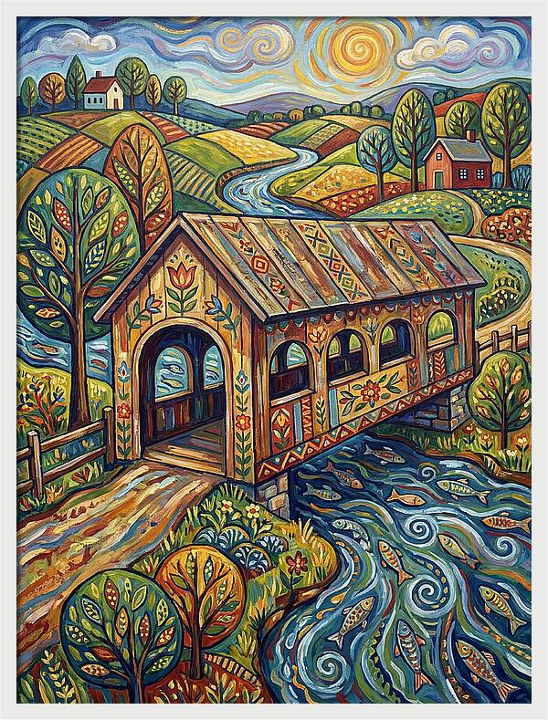 Covered Bridge Over Flowing Stream