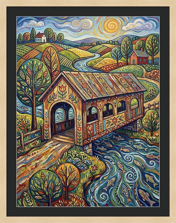 Covered Bridge Over Flowing Stream