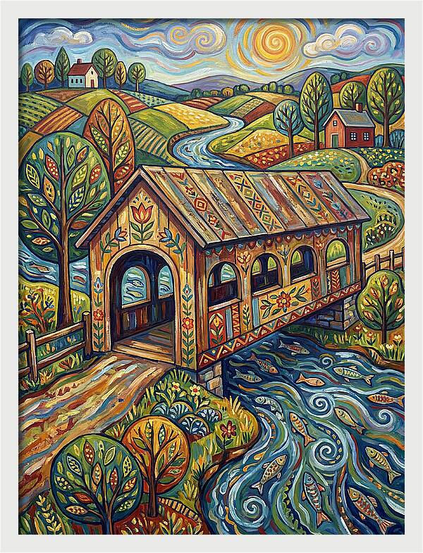 Covered Bridge Over Flowing Stream