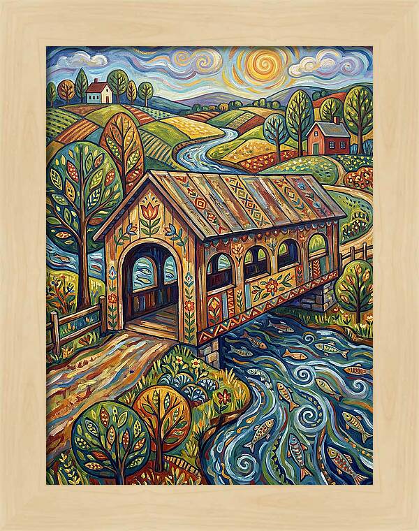Covered Bridge Over Flowing Stream