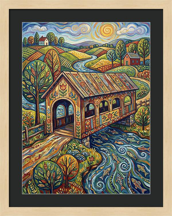 Covered Bridge Over Flowing Stream