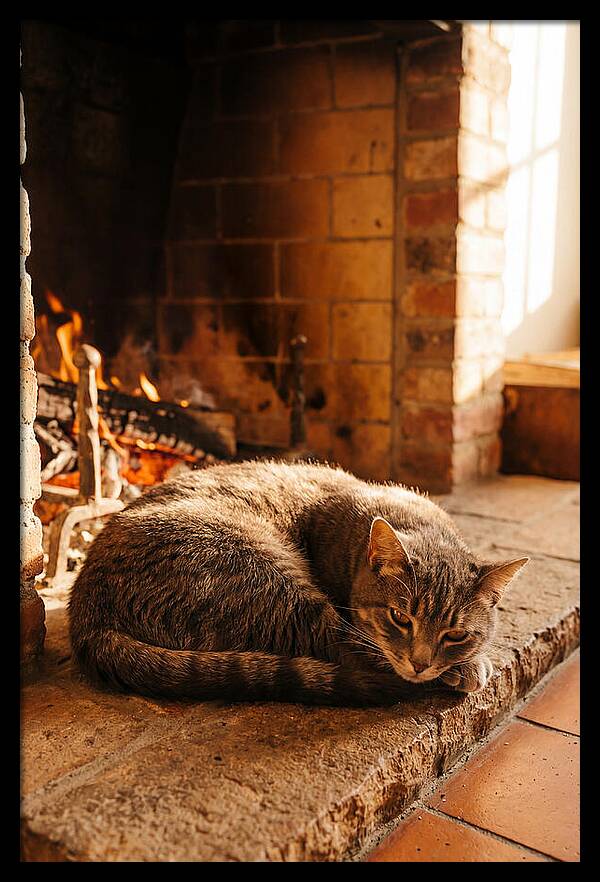 Cozy Cat By The Fireplace