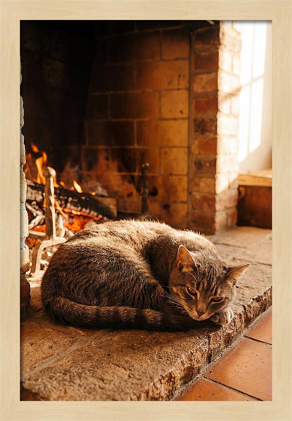 Cozy Cat By The Fireplace