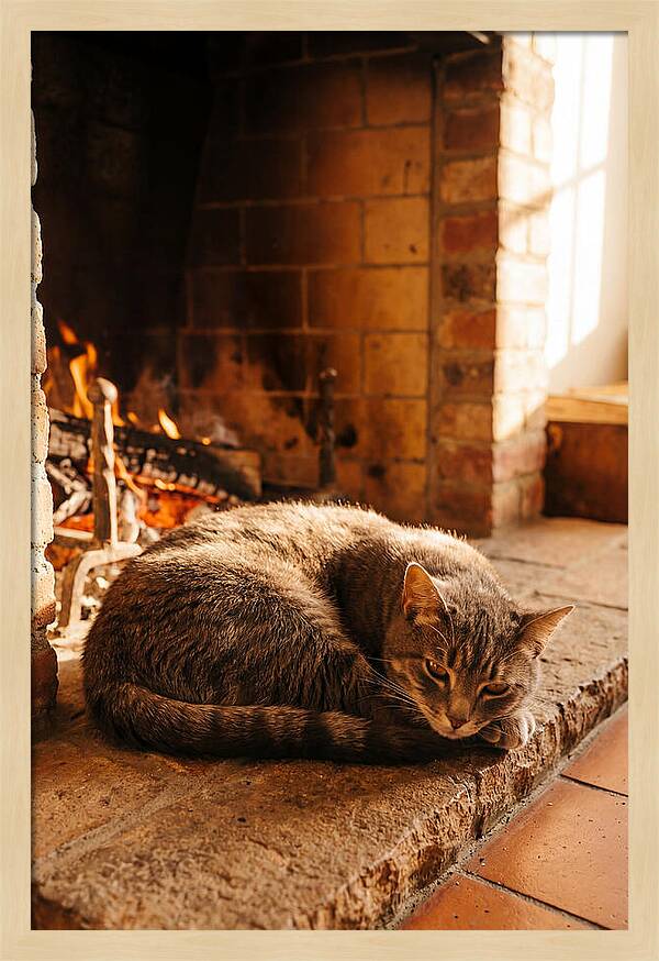 Cozy Cat By The Fireplace