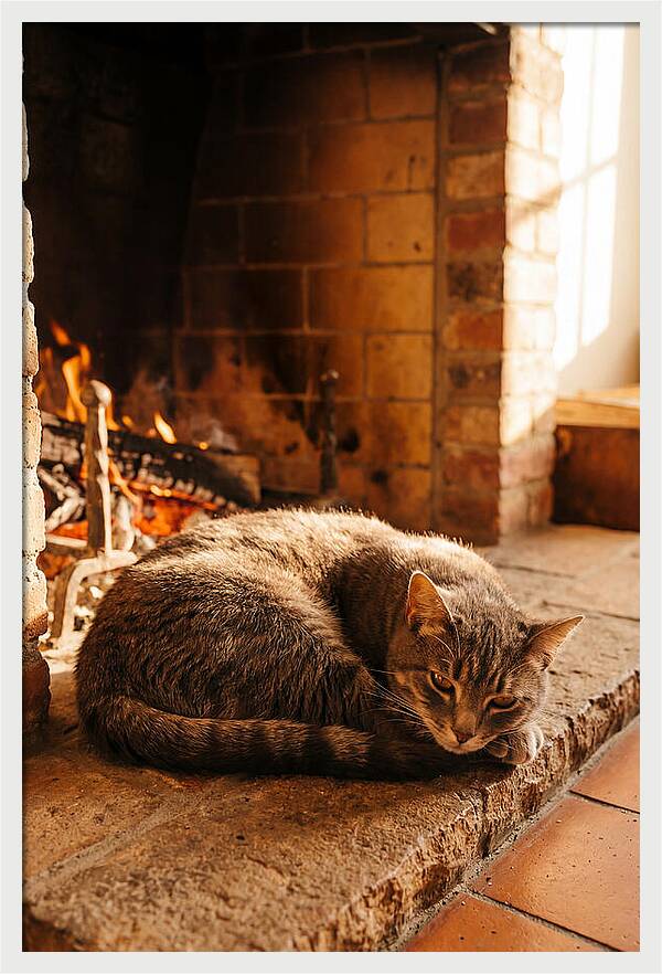 Cozy Cat By The Fireplace