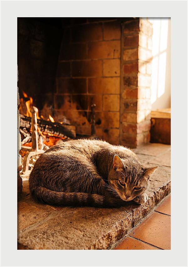 Cozy Cat By The Fireplace