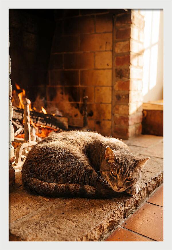 Cozy Cat By The Fireplace