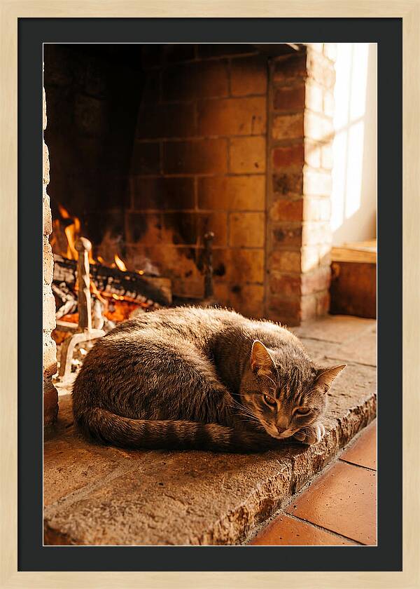 Cozy Cat By The Fireplace