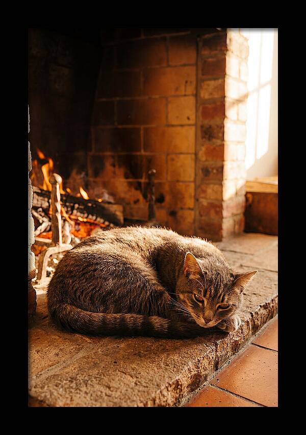Cozy Cat By The Fireplace