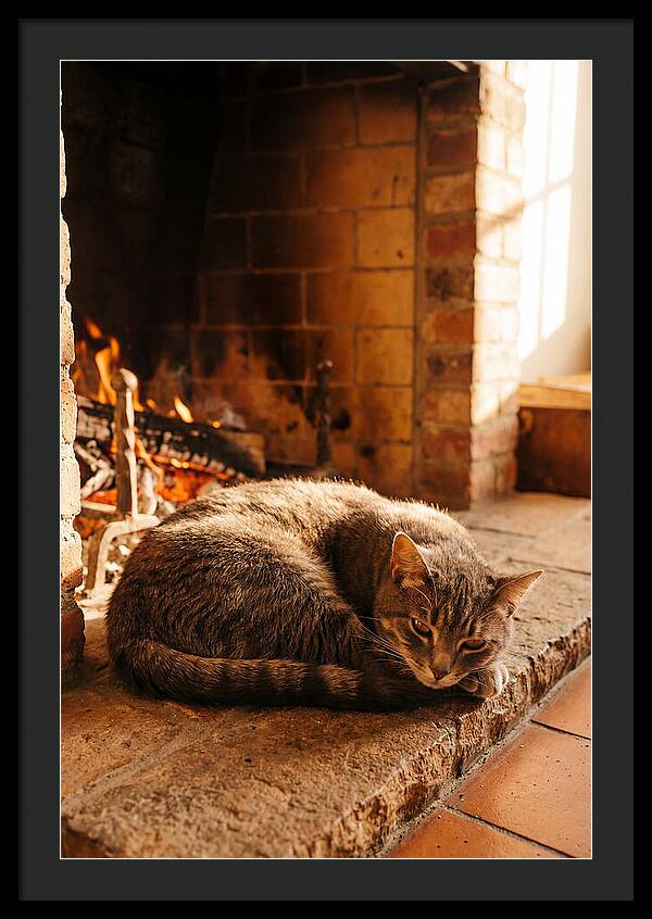 Cozy Cat By The Fireplace