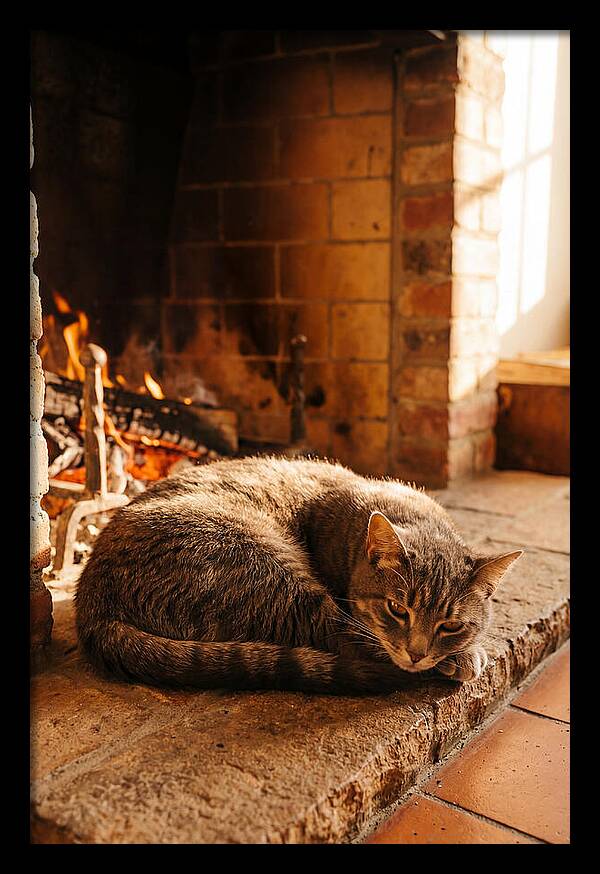 Cozy Cat By The Fireplace
