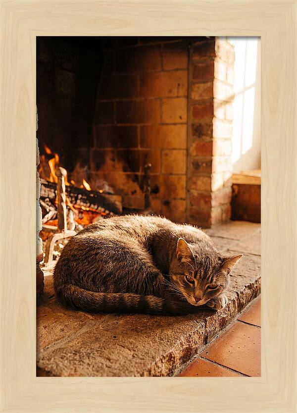 Cozy Cat By The Fireplace