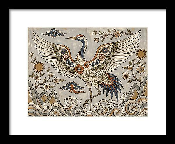 Crane In Flight Among Blossoms
