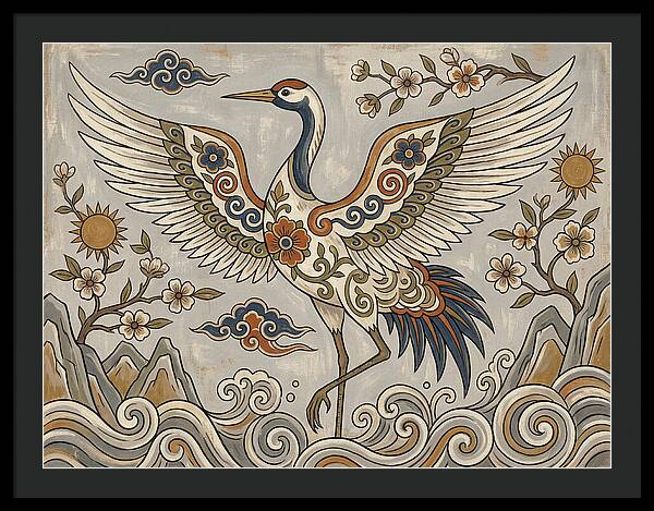 Crane In Flight Among Blossoms