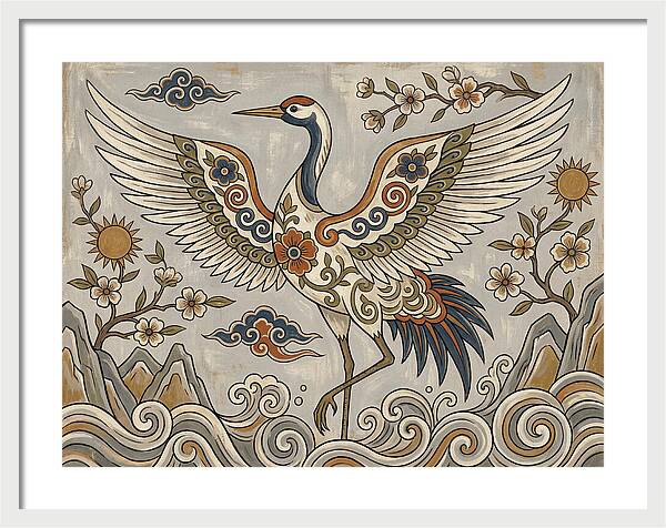 Crane In Flight Among Blossoms