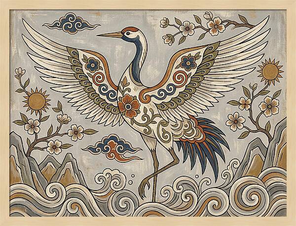 Crane In Flight Among Blossoms