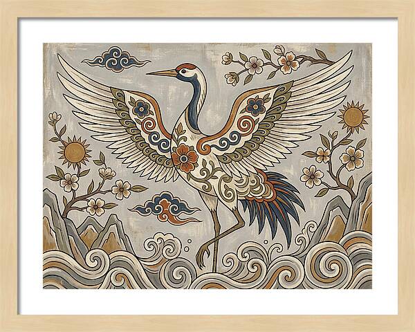 Crane In Flight Among Blossoms