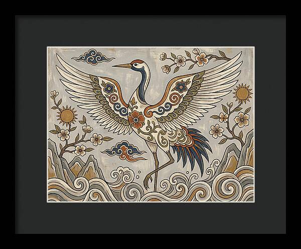 Crane In Flight Among Blossoms