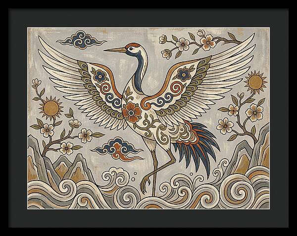 Crane In Flight Among Blossoms