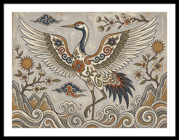 Crane In Flight Among Blossoms