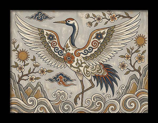 Crane In Flight Among Blossoms