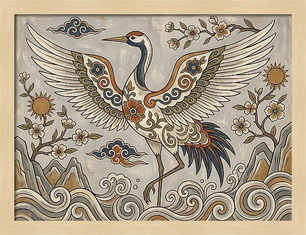 Crane In Flight Among Blossoms