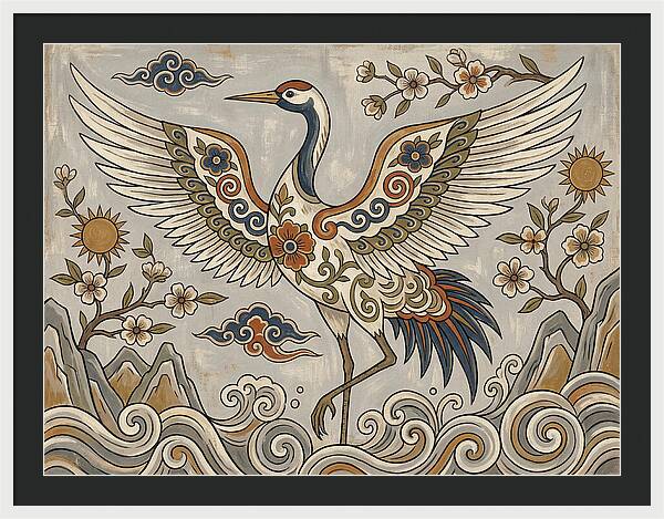 Crane In Flight Among Blossoms