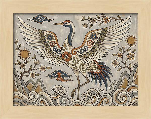 Crane In Flight Among Blossoms