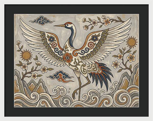 Crane In Flight Among Blossoms