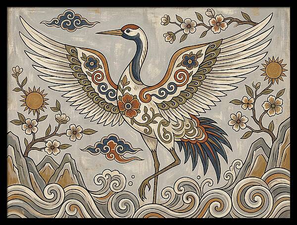 Crane In Flight Among Blossoms