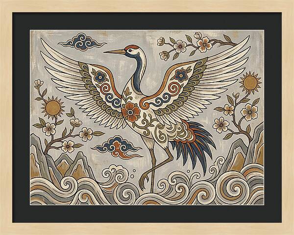 Crane In Flight Among Blossoms