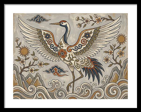 Crane In Flight Among Blossoms