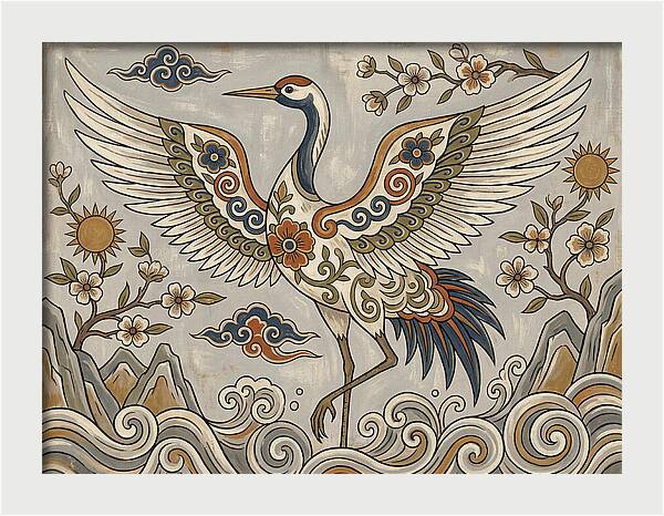 Crane In Flight Among Blossoms